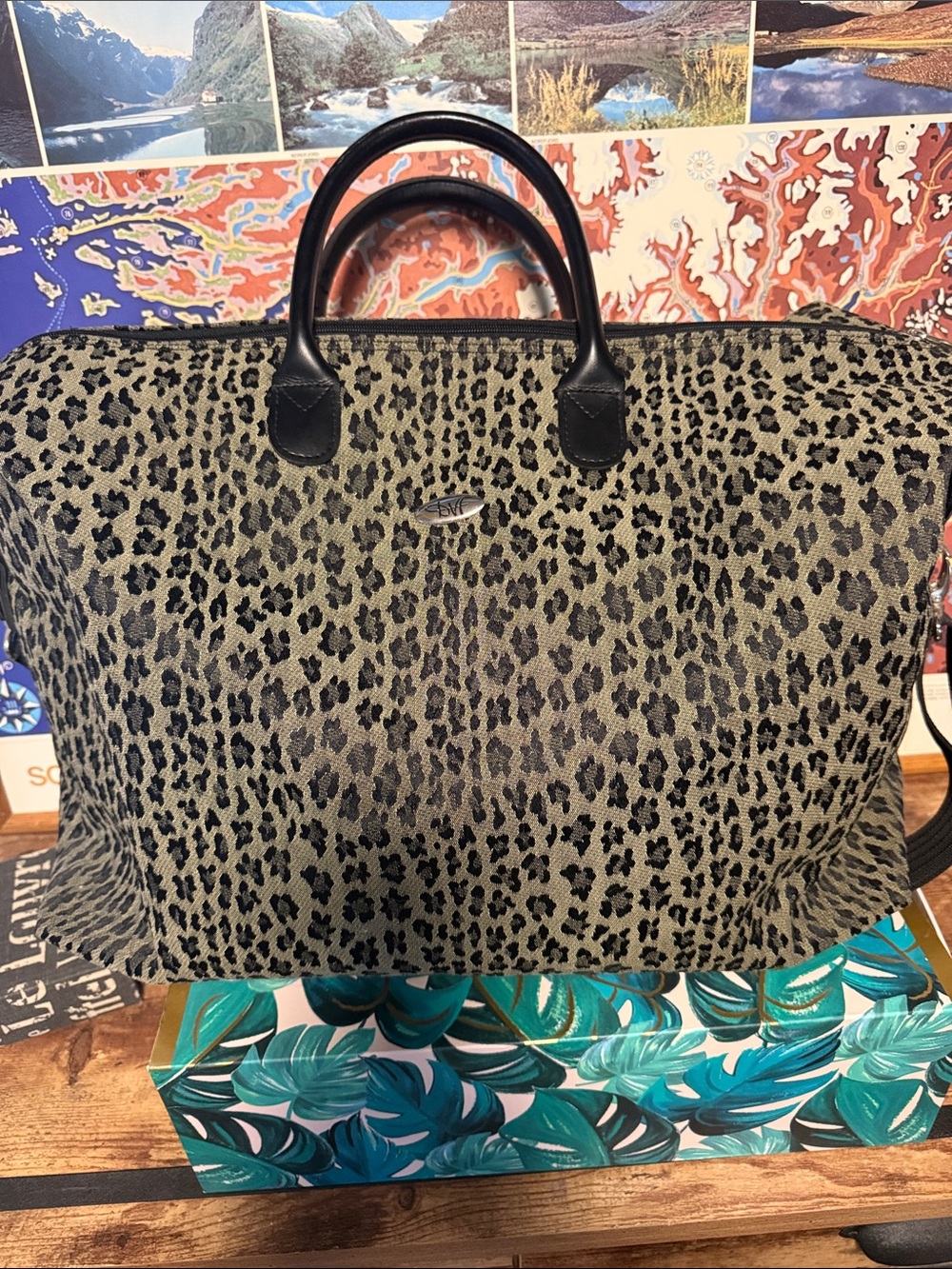Diane Von Furstenberg Olive Green and Black Leopard Jacquard Travel Bag